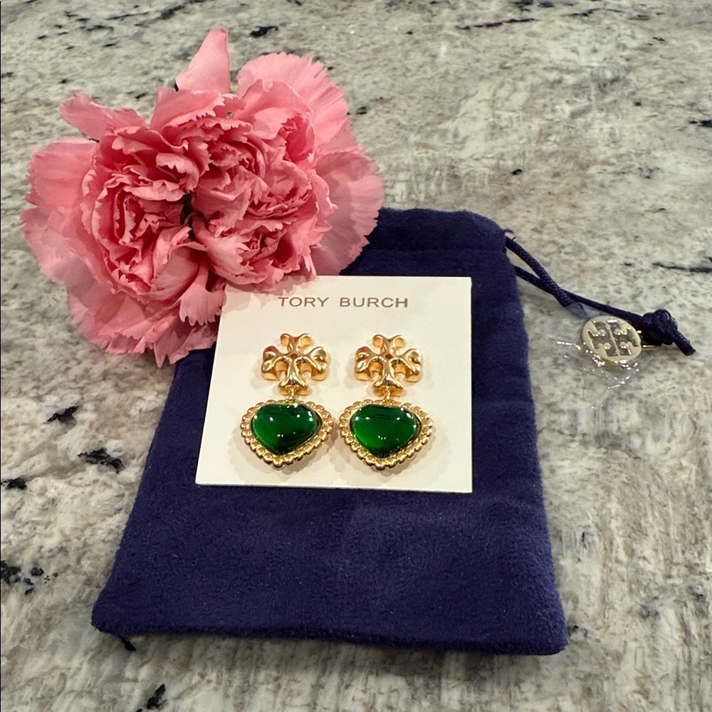 Tory Burch Gold Earrings with Green Heart Accents.